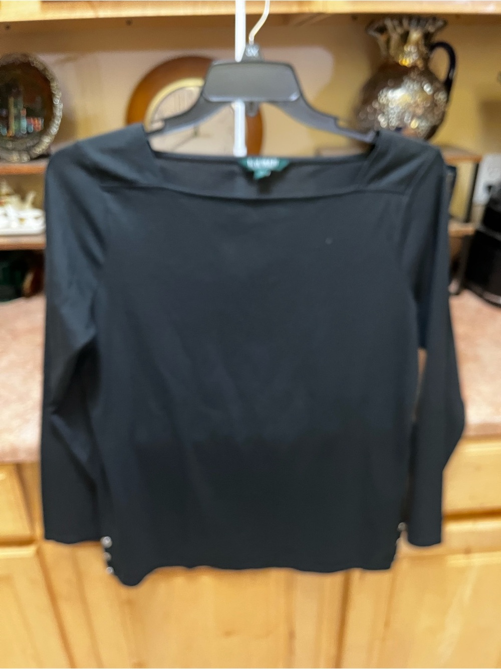 Ralph Lauren Black Boatneck Long Sleeve Tee with Hem Buttons